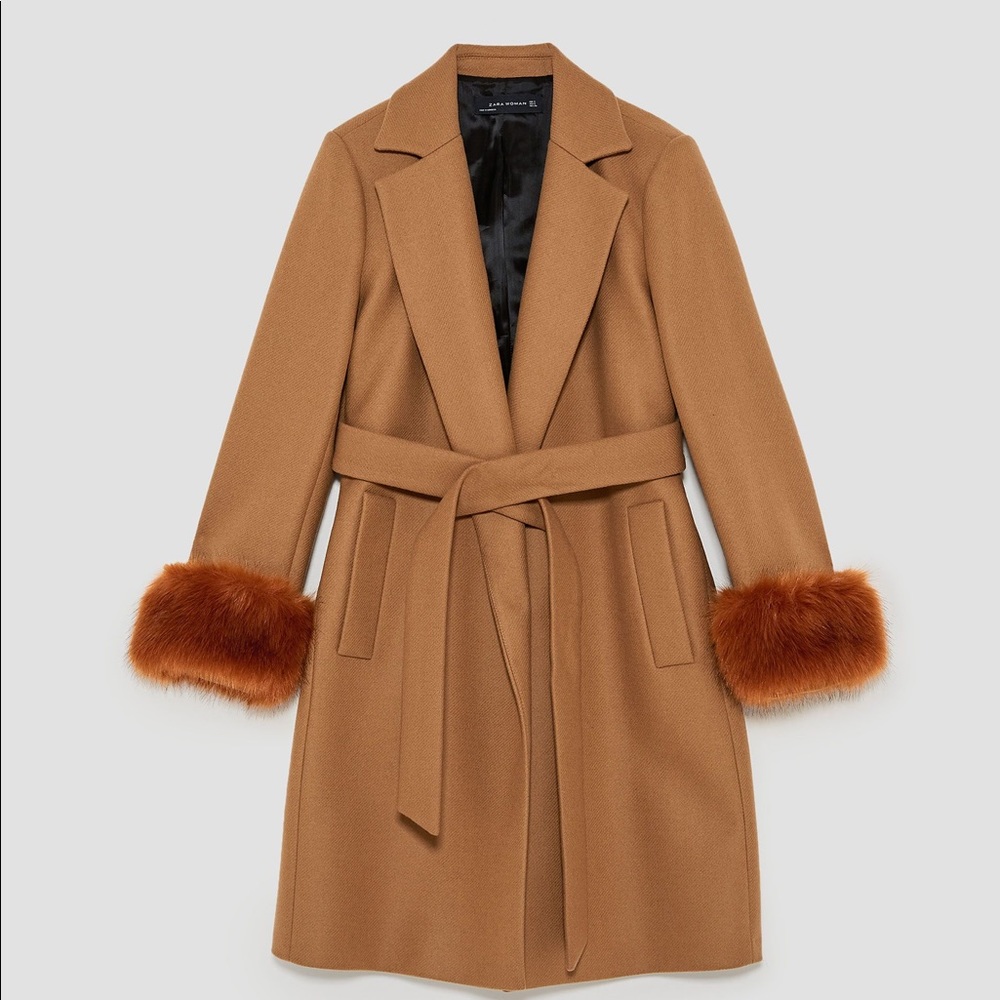Zara Camel Coat with Faux Fur Cuffs,LARGE, NWT.